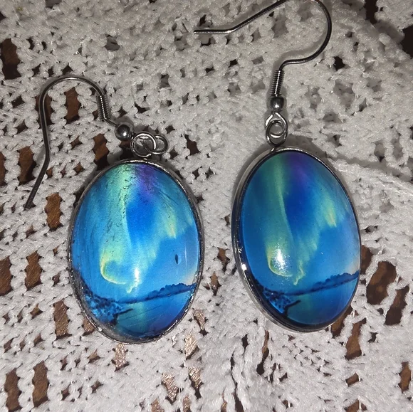 Aurora Northern Lights Cabochon Earrings, Stainless Steel Hooks 18x25mm - Picture 2 of 2